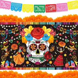 Mexican Day of the Dead festive decoration set with sugar skull backdrop and marigold garlands