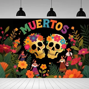 Detailed Dia de Muertos backdrop with colorful sugar skulls and floral patterns for party decor.