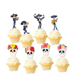 Topper per cupcake Giorno dei Morti con teschi di zucchero colorati e mariachi scheletro