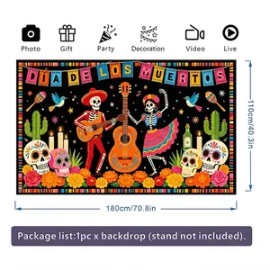 Detailed size dimensions for Mexican Day of the Dead skeleton party backdrop 180x110cm