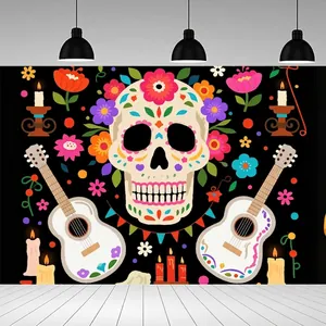 Vibrant Day of the Dead party banner detail featuring sugar skull, guitars and candles