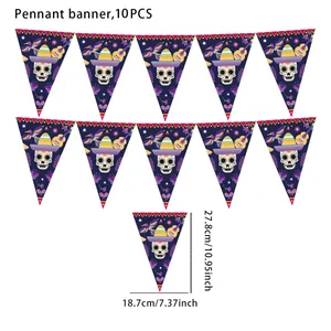 Detailed dimensions of Mexican Day of the Dead pennant banner featuring sugar skull design