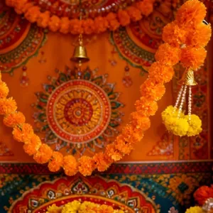 Vibrant artificial marigold garlands with gold bells for Diwali festive home decorations.