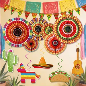 Carnaval Mexicain Jour Des Morts Décoration De Fête Set Éventails En Papier Colorés Cactus Sombrero Taco Guitare Décoration Murale Collection