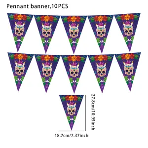 Detailed dimensions of 10-piece Day of the Dead sugar skull pennant banner for party decor.