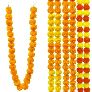 Vibrant yellow and orange artificial marigold flower garlands for Indian festival decor