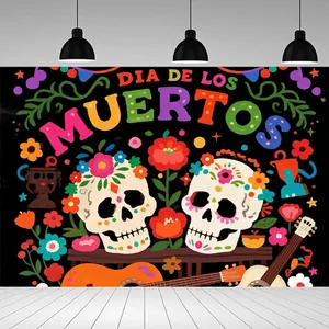 Dia de los Muertos party backdrop featuring vibrant sugar skulls and floral guitar design