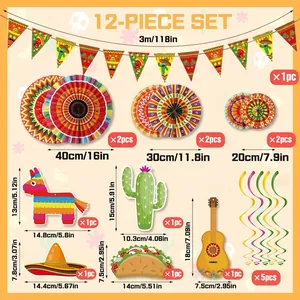 Kit de décoration de fête mexicaine 12 pièces avec éventails en papier, bannières et motifs.