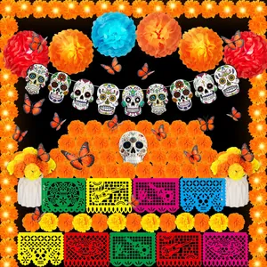 Vibrant Mexican Day of the Dead decoration kit with sugar skull banners and marigold flowers.