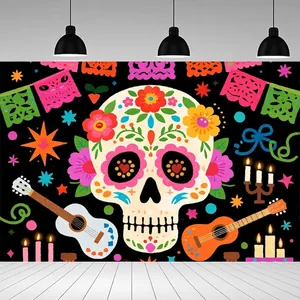 Detailed close-up of Dia de los Muertos backdrop featuring colorful sugar skull design