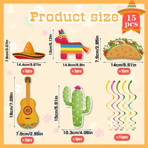 Set de 15 décorations de fête mexicaine avec dimensions pour taco, cactus et sombrero.