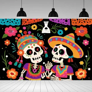 Colorful Dia de Muertos backdrop with festive skeletons and marigold decorations