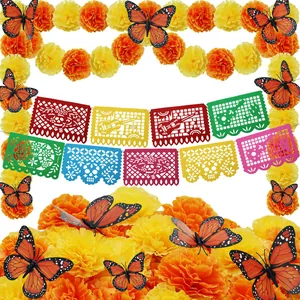 Day of the Dead decoration set with marigold garlands and realistic monarch butterflies.