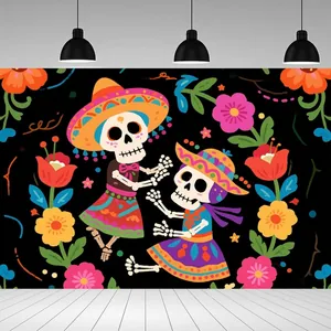 Vibrant Dia de los Muertos backdrop featuring dancing skeletons and colorful floral patterns.