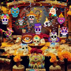 Vibrant Day of the Dead sugar skull spiral hanging ornaments for festive party atmosphere
