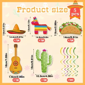 Tableau des tailles pour kit de 5 décorations de fête mexicaine avec sombrero et taco