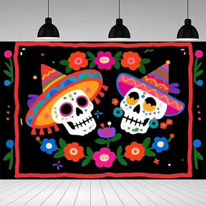 Macro detail view of colorful Dia de Muertos party backdrop featuring sugar skull motifs