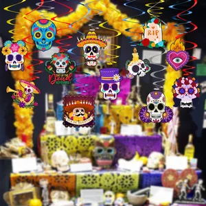 Colorful Day of the Dead hanging swirl decorations featuring various sugar skull designs