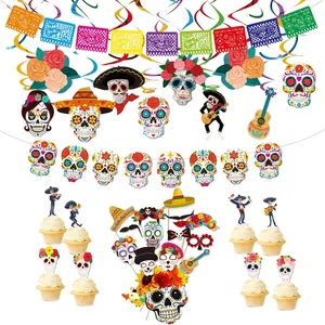 Mexican Day Of The Dead Theme Party Decoration Banner PVC Spiral Hanging Decoration Sugar Skull Papel Picado Halloween Party Supplies