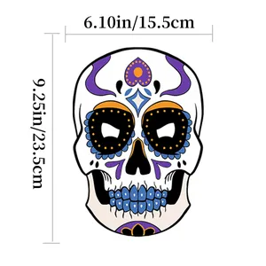 Dimensional diagram of Mexican Day of the Dead paper skull mask with colorful patterns