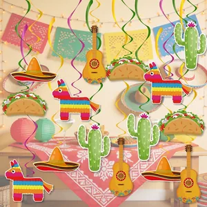 Décorations de fête mexicaines avec cactus, guitares et pinatas à suspendre colorées