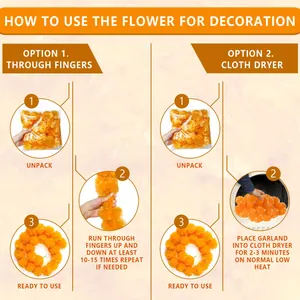 Instructional guide for fluffing orange marigold garlands for festival decoration.