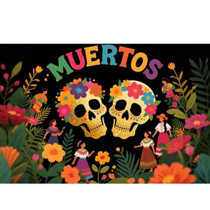 Dia de Muertos Mexican party backdrop banner with floral skulls and traditional dancers