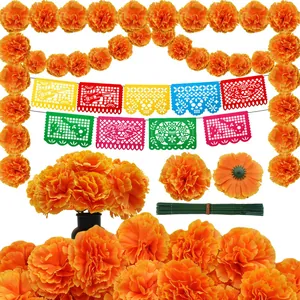 Day of the Dead decoration set with marigold garlands, papel picado banners and flower heads