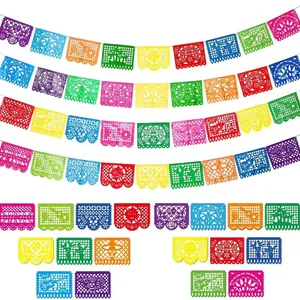 Colorful Cinco de Mayo Mexican felt banners with traditional hollow patterns for party decor.