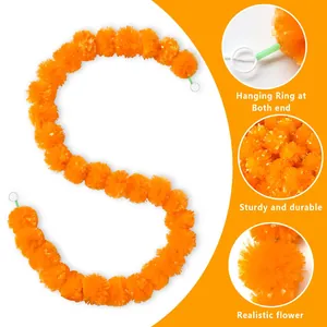 Vibrant orange marigold flower garland with hanging rings for festive decorations