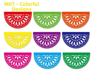 Close-up of 9 colorful Mexican felt banners with hollow patterns for Day of the Dead
