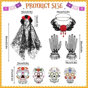 Detailed dimensions for Day of the Dead skeleton bride costume accessory set with veil