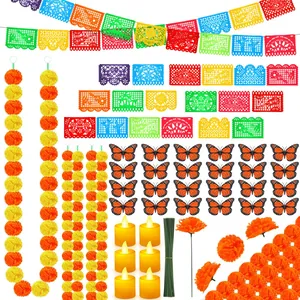 Comprehensive Day of the Dead decoration set featuring marigold garlands and flags