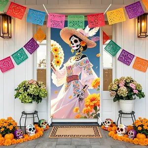 Mexican Day of the Dead door banner featuring Catrina and marigold floral decorations