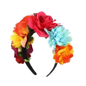 Vibrant artificial floral headband with colorful roses for Halloween cosplay costumes.