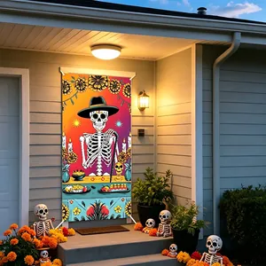 Vibrant Day of the Dead door banner featuring a skeleton and marigolds for festive porch decor