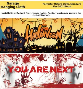 Detail showing two spooky Halloween garage door banners with horror themed designs