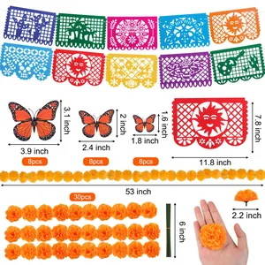 Mexican Day of the Dead decoration set with marigold garlands and papel picado