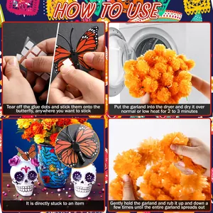 Mexican Day of the Dead marigold garland set with butterflies and skull decorations