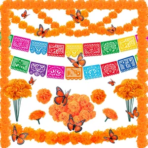 Complete Day of the Dead Mexican decoration set with marigold garlands and felt banners