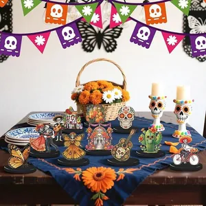 Vibrant wooden Day of the Dead table decorations featuring sugar skulls and skeletons