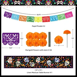 Mexican Day of the Dead decoration set with papel picado, marigolds and table runner