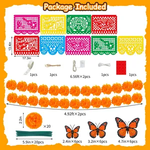 Complete Day of the Dead Mexican decoration kit with marigold garlands and colorful banners.