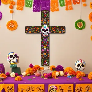 Day of the Dead cross wall decoration with vibrant floral and sugar skull motifs