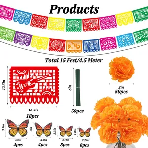 Day of the Dead decoration set with banners, marigold flowers, and butterfly accents.