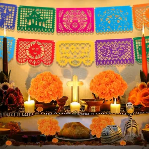 Day of the Dead decoration set with colorful banners and marigold garlands for Mexico feast