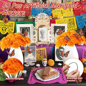 50 Pcs artificial orange marigold flowers with monarch butterflies for Day of the Dead