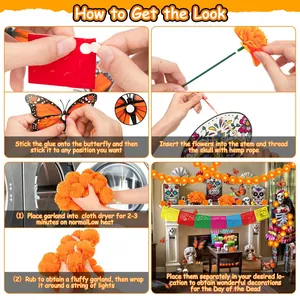 Complete Day of the Dead decoration set with marigold garlands and butterfly stickers