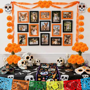 Vibrant Day of the Dead Mexican decoration set with marigolds, skulls, and colorful banners