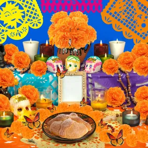 Vibrant Mexican Day of the Dead decor set with marigold garlands, felt banners and butterflies